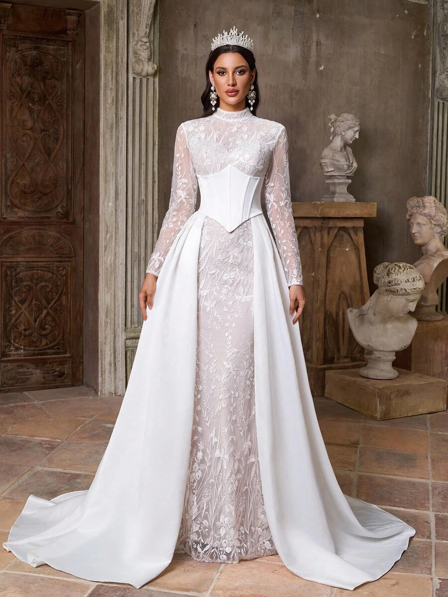 Aureia Elegant, Luxurious And Romantic White Mandarin Collar Long Sleeve French Lace And Chiffon With Pleated Satin Oversized A-Line Hem, Suitable For Weddings, Parties, Vacations, Graduations, Bridal Gowns