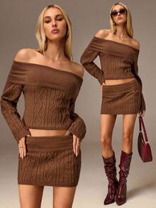 Avantive Shades Of Brown Autumn Elegant Brunch Outfits,Long Sleeve Knit Two Pieces Set,Off Shoulder Cable Knit Top&Mini Skirt,Fall&Winter Bodycon Outfit - Coffee Brown - View 6