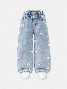 Young Girls Light Wash Denim Straight Leg Jeans With Bow Details Long Plain Zipper Casual Style Jeans With Bows Cute Baggy Jeans