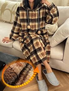 DAZY Bata de mujer con estampado de cuadros, de felpa, cálida y acogedora para el invierno