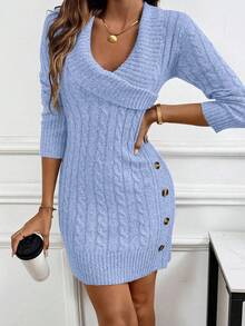 EMERY ROSE Collared Knit Long Sleeve Comfortable Sweater Dress - Blue - View 4