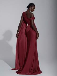 Elitara Elegant & Fashionable Apocalyptic Chocolate Brown Knit Fabric Asymmetric Shoulder Half-Exposed Shoulder Tailored Fitted Mermaid Hem Dress, Handcrafted Dimensional Pleats Metal Buckle Waist Crossover Ruched Fitted Mermaid Hem, Suitable For Fashion Galas, Formal Dinners, Business Events, Balls, Cocktail Parties, Halloween Parties, Wedding Guest Dresses