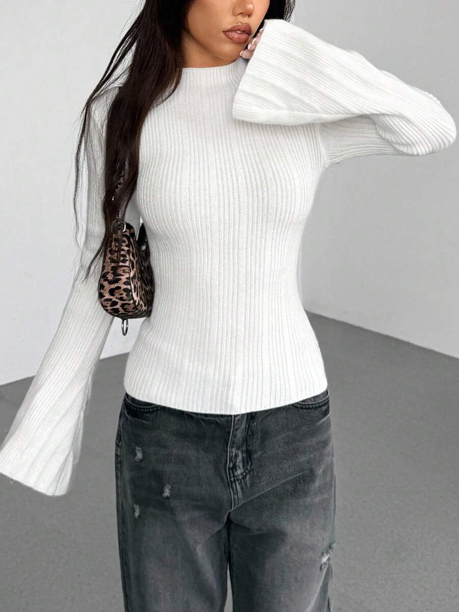 Flirla Suéter de mujer de unicolor con mangas de campana, versátil y de moda - Blanco - Ver 1