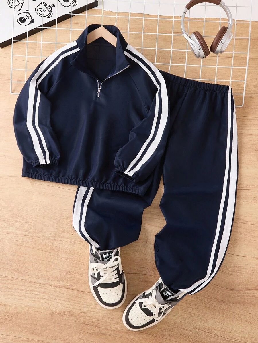2pcs/Set Jaket Kasual Kerah Tegak Setengah Resleting untuk Anak Laki-laki dengan Desain Pita, Cocok untuk Sekolah, Perjalanan, dan Pakaian Olahraga di Musim Gugur/Dingin - Navy Blue - View 1