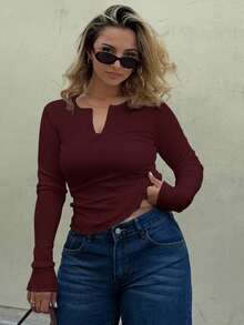 Jeta Ari Camiseta de punto acanalado con botones a la mitad, ropa de otoño para mujer con manga larga - Burdeos - Ver 4