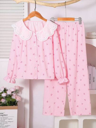 女童3D蝴蝶结印花开衫睡衣套装，舒适可爱，休闲