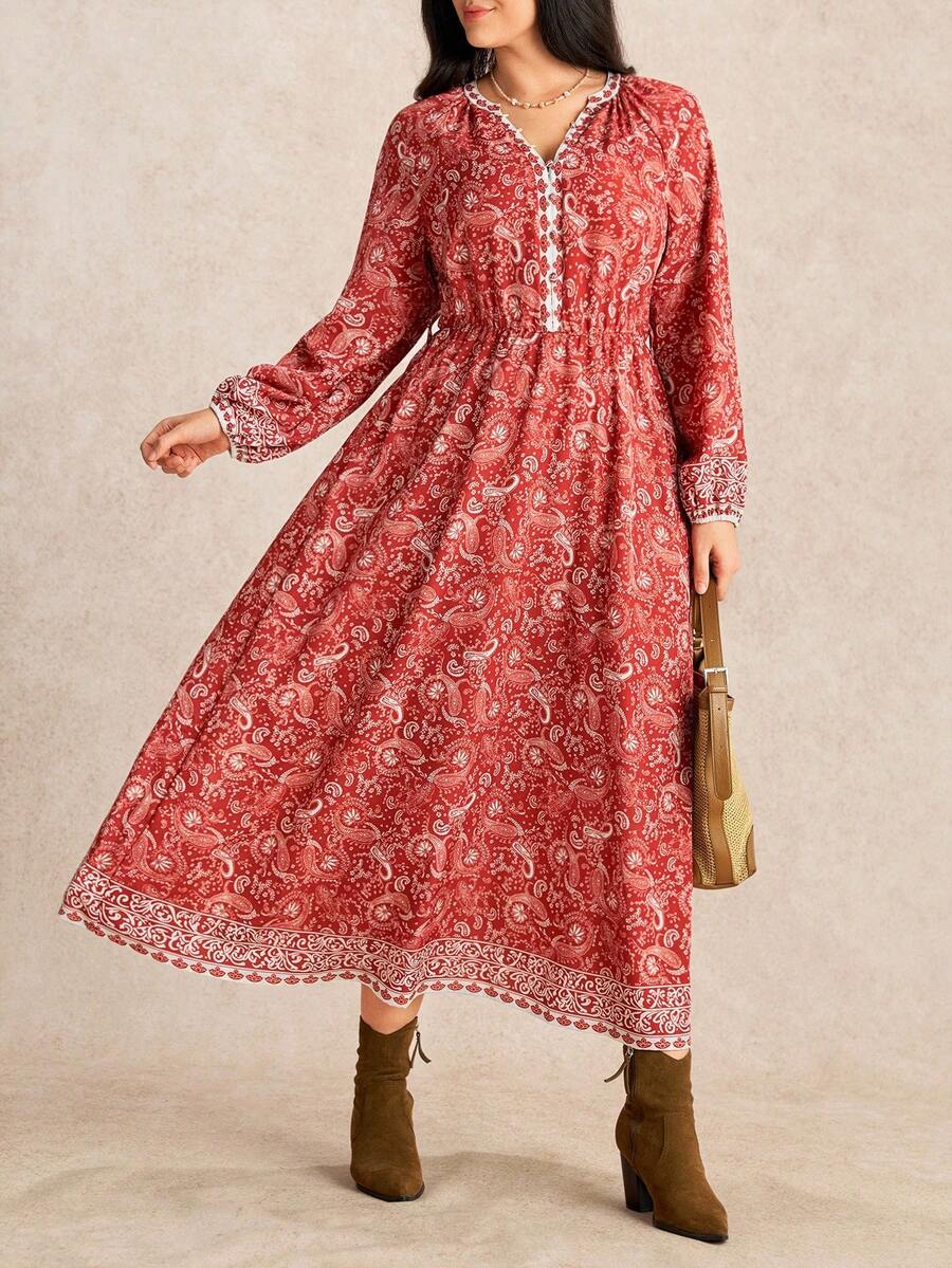 EMERY ROSE Sukienka damska w dużym rozmiarze, z dekoltem w serek, wzorem w stylu vintage, z długim rękawem i luźnym, swobodnym krojem i półzapięciem, jesień/zima - Czerwony - Zobacz 1