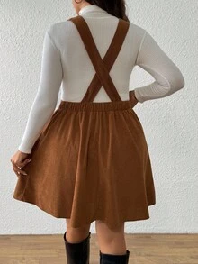 SHEIN Tall CURVE Plus Size Women Corduroy Brown Pinafore Dress, Autumn/Winter
