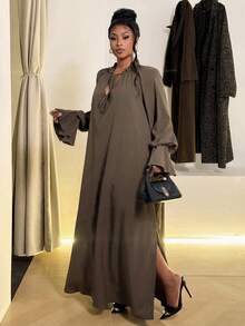 Maweii Váy xòe nơ thường ngày cỡ lớn - Màu xanh Ô liu - Xem 1