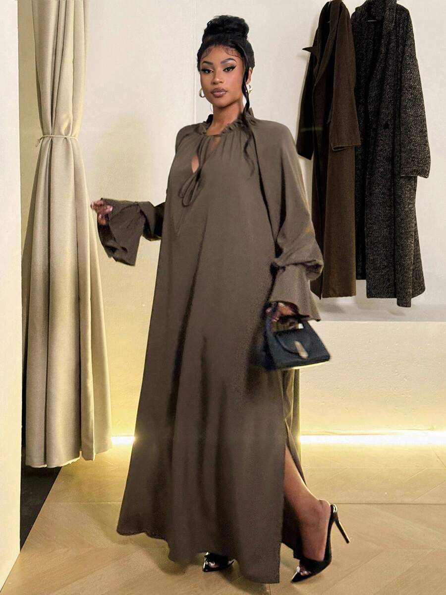 Maweii Váy xòe nơ thường ngày cỡ lớn - Màu xanh Ô liu - Xem 1