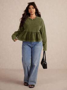 Elaquor 女式休闲宽松长袖圆领荷叶边下摆加大码T恤 - 軍綠色 - 查看 1