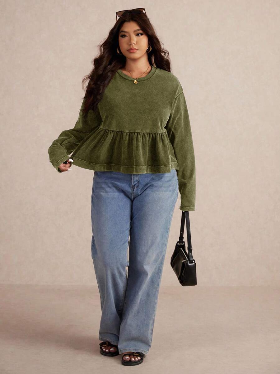 Elaquor 女式休闲宽松长袖圆领荷叶边下摆加大码T恤 - 軍綠色 - 查看 1