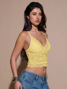 SHEIN BAE Women's Solid Color Lace Patchwork Elegant Fashion Camisole - Yellow - View 5