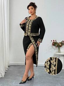 Elenzga Christmas Plus Size Women's 2 Pieces Set Poet Blouse Mesh Tassel Sheer Slip Dress Elegant Party Outfit, Vacation, Wedding, Graceful Apricot 2 Pieces Set - Black - View 5