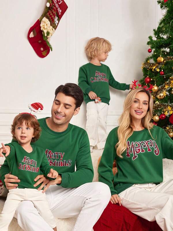 Manfinity RelaxMax Sudadera casual de cuello redondo con estampado de lema navideño de manga larga para hombre, otoño/invierno