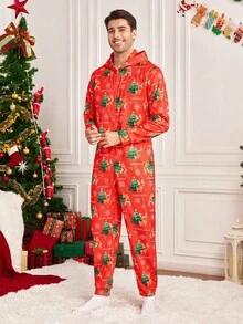 Manfinity RelaxMax Men's Letter & Christmas Tree Print Long Sleeve Zip Front Hooded Jumpsuit