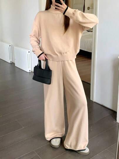 SHEIN Teen Girl Contrast Color Stand Collar Long Sleeve Sweater & Drawstring Sweatpants Casual Knit Set,Peach,Autumn,Casual Elegant,Junior,Work,Soft Top