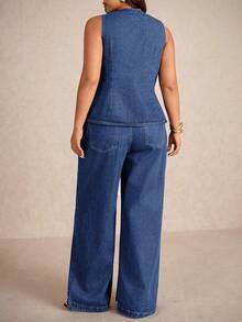 Elaquor Bộ đồ hai mảnh thường ngày cỡ lớn gồm áo vest một hàng khuy và quần jeans ống rộng cho nữ - Rửa trung bình - Xem 3