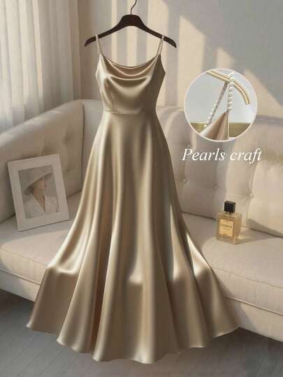 Vestido de satén elegante con brillo perlado para mujer, silueta en línea A, adecuado para ir al trabajo, fiestas y eventos