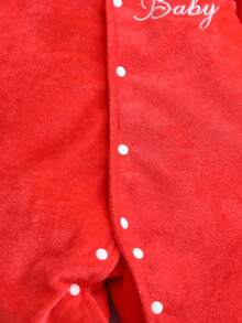 新生儿纯红色简约时尚英文字母刺绣长袖连脚连体睡衣 - 紅色 - 查看 7