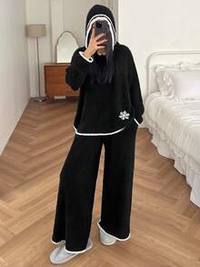 DAZY 2件套女士雪花印花宽松连帽长袖针织上衣和裤子家居服套装，秋冬季休闲舒适睡衣保暖内衬服装 - 黑色 - 查看 9