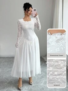 Modelyn Váy nữ cổ vuông họa tiết hoa thêu ren Pháp, eo thắt eo - trắng - Xem 2