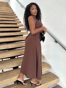 Alexandranx 女士圆领、单排扣、无袖、棕色棉质连衣裙 - 棕色 - 查看 6