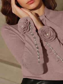 Anewsta Women's Christmas, Elegant Bowknot Embellished Rhinestone 3D Flower Sweater, Christmas Pullover, Suitable For Autumn/Winter, Thanksgiving - Dusty Pink - View 9