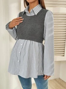 SHEIN Maternity Casual Patchwork Striped Lantern Sleeve Shirt, Autumn