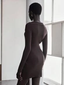 SHEIN LUNE 复古迷人氛围女式系带针织连衣裙 - 巧克力棕 - 查看 2