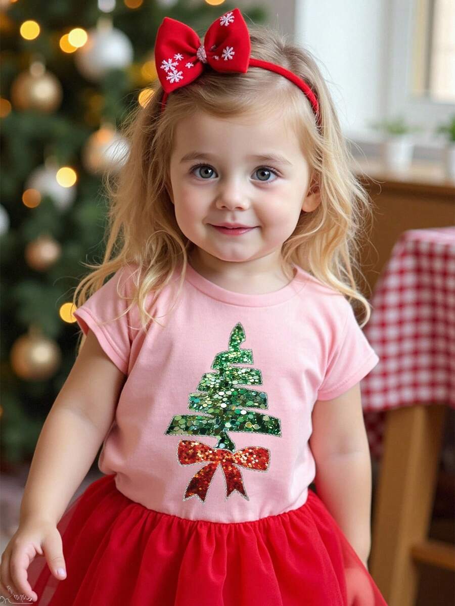 Merry Christmas! Baby Girl Christmas - Fashionable, Creative, Cute Sparkling Christmas Tree & Bow Print Short Sleeve T-Shirt, Suitable For Christmas Party - Pink - View 1