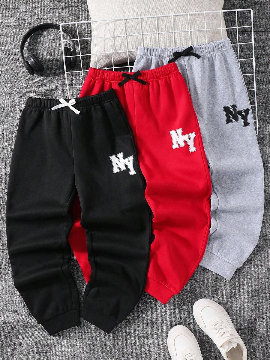 SHEIN 3件組兒童/青少年男孩休閒學院字母印花抽繩腰鬆寬針織運動長褲,3色冬季款 - 彩色 - 查看 1