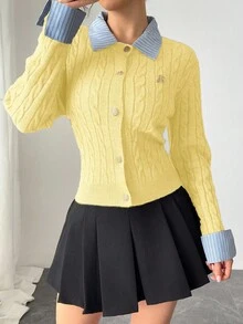 EMERY ROSE Áo khoác len cardigan ngắn 2 trong 1 chắp vá thời trang lấy cảm hứng từ Blogger, phong cách Châu Âu và Mỹ - Vàng nhạt - Xem 4