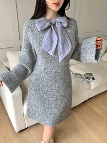 Modelyn Vestido de suéter de punto con lazo y manga larga holgada informal para mujeres, ropa de otoño e invierno