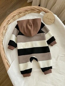 Pelele con capucha de punto a rayas y estampado de dibujos animados, informal y lindo para bebé recién nacido niño/niña