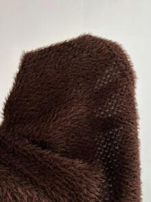 Elamini 1 件棕色休闲日常通勤露肩弹力毛绒长袖修身性感女式露肩长袖连衣裙 - 棕色 - 查看 7