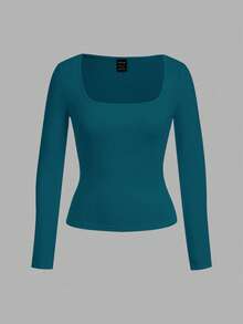 SHEIN EZwear 2 件女式方领修身长袖休闲 T 恤套装，适合秋冬季 - 彩色 - 查看 3