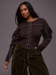 MUSERA Plus Size Contrast Stitch Popper Long Sleeve Cardigan Everyday Casual Cool Girl Streetwear Uncut Evening Party Elegant Spring - Chocolate Brown - View 3