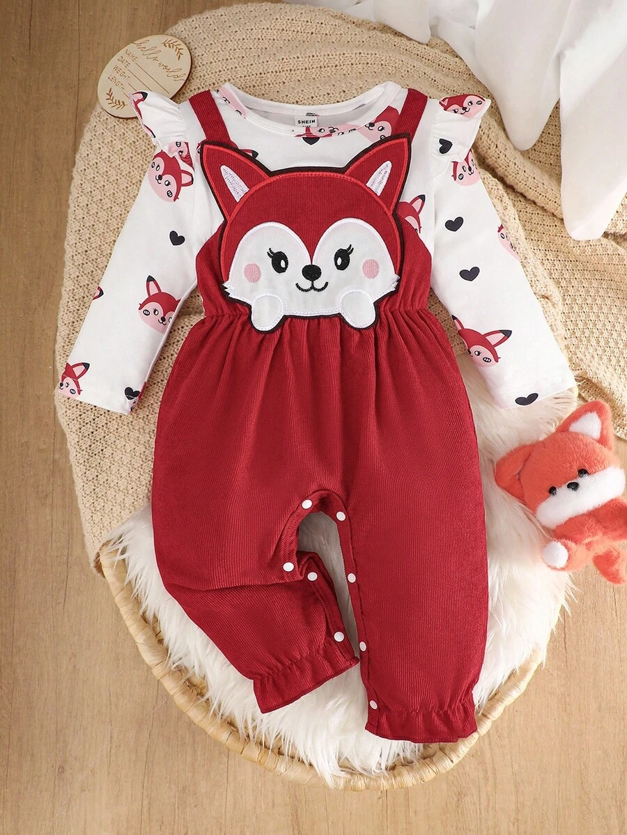 Baby Girl Cartoon Embroidery Round Neck Long Sleeve Ruffle Hem Cute Jumpsuit - Burgundy - View 1