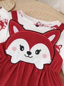 Baby Girl Cartoon Embroidery Round Neck Long Sleeve Ruffle Hem Cute Jumpsuit - Burgundy - View 5
