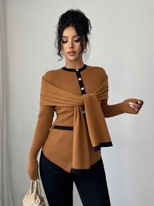 Rafferiza Women's Autumn And Winter Brown Commuting Round Neck Straight Shoulder Long Sleeves Contrast Color Slim Fit Stretch Knitted Cardigan, Winter Fall Autumn Fall New Year Thanksgiving Party Wedding Elegant - Multicolor - View 4