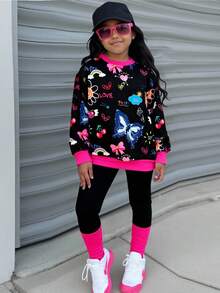 Tween Girls Casual Graffiti Colorblock Loose Fit Sweatshirt + Patchwork Leggings 2-Piece Set - Black - View 3