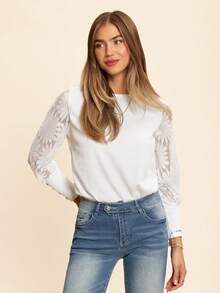 Coeurva 女蕾絲袖白色華夫格上衣 - 白色 - 查看 5