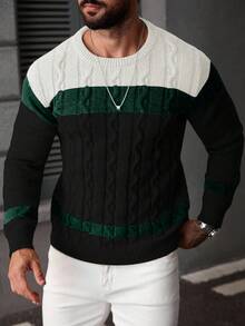 Manfinity Homme Men's Casual Colorblock Cable Knit Crew Neck Long Sleeve Sweater, Autumn/Winter - Multicolor - View 3