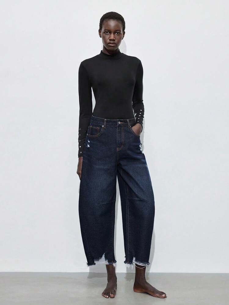 SHEIN Maija Damen High Waist Jeans mit Taschen und Destroyed-Effekt, lässig weite Passform Denimhose für urbanen Alltag, Business Lässig, Büromode, Party