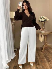 Auvina 1 Áo len cardigan dệt kim tay dài buộc dây phía trước thanh lịch cỡ lớn dành cho nữ, phù hợp cho mùa thu/đông - Cà phê nâu - Xem 5