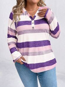 SHEIN Plus Size Colorblock Striped Long Sleeve T-Shirt, Casual For Autumn Tees Women Tops For Spring Fall - Purple - View 4