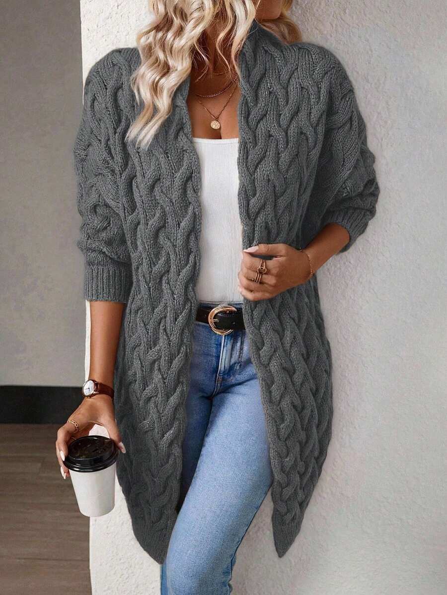 EMERY ROSE Christmas Cardigan For Women Women's Casual Solid Color Cable Knit Cardigan, Autumn/Winter Long Knitted Cardigan - Dark Grey - View 1