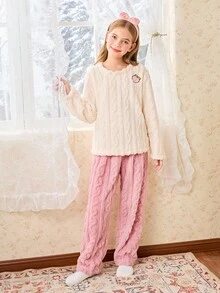SHEIN 女童杏桃色刺绣上衣和粉色裤子睡衣套装 - 杏色 - 查看 3