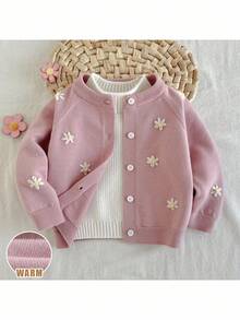 Loomiva Baby Girl Floral Print Round Neck Raglan Sleeve Cardigan Baby Girl Cute Sweater Jacket Flower Embroidered Baby Cardigan Baby Girl Clothes Spring Fall Pink Baby Girl Sweater Baby Girl Cardigan 100 Cotton Baby Girl Jacket Wildflower Baby Clothes - Pink - View 1